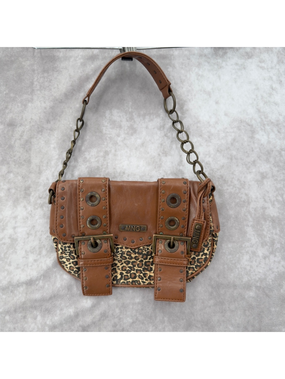 Vintage MNG Mango Leopard Print Faux Leather Mini Studded Shoulder Bag y2k